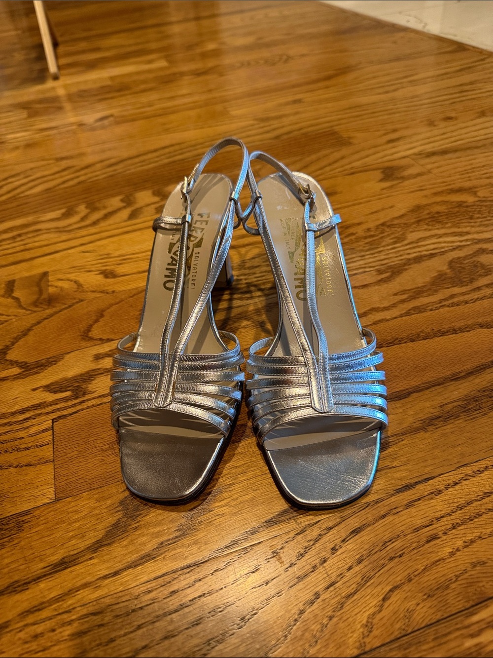 Salvatore Ferragamo metallic Silver Strappy T‑Bar Slingback Heels